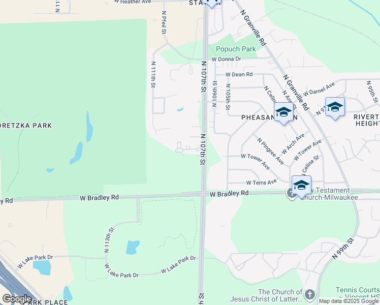 map of restaurants, bars, coffee shops, grocery stores, and more near 8125 North 107th Street in Milwaukee