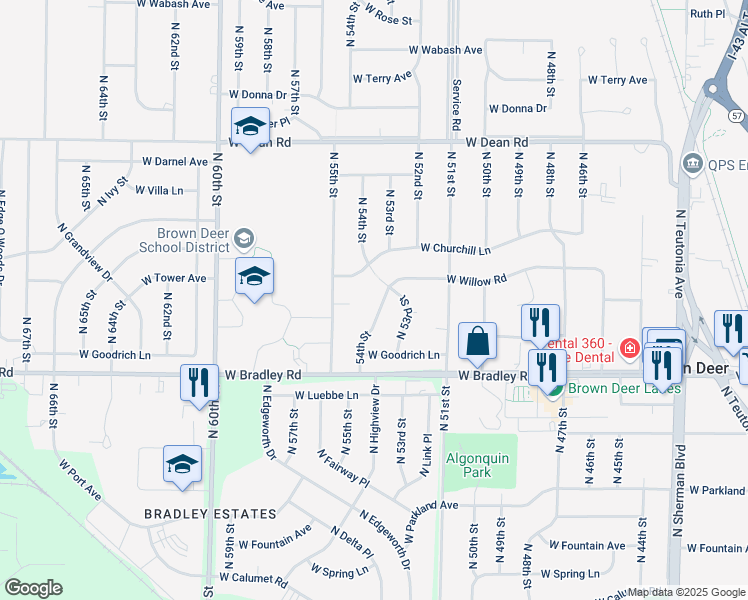 map of restaurants, bars, coffee shops, grocery stores, and more near 8121 North 54th Street in Brown Deer