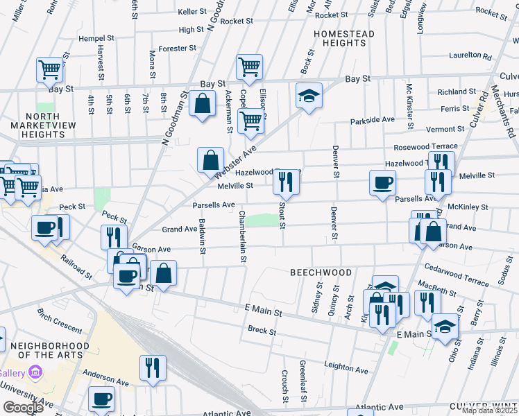 map of restaurants, bars, coffee shops, grocery stores, and more near 175 Parsells Avenue in Rochester