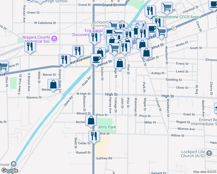 map of restaurants, bars, coffee shops, grocery stores, and more near 57 Harvey Avenue in Lockport