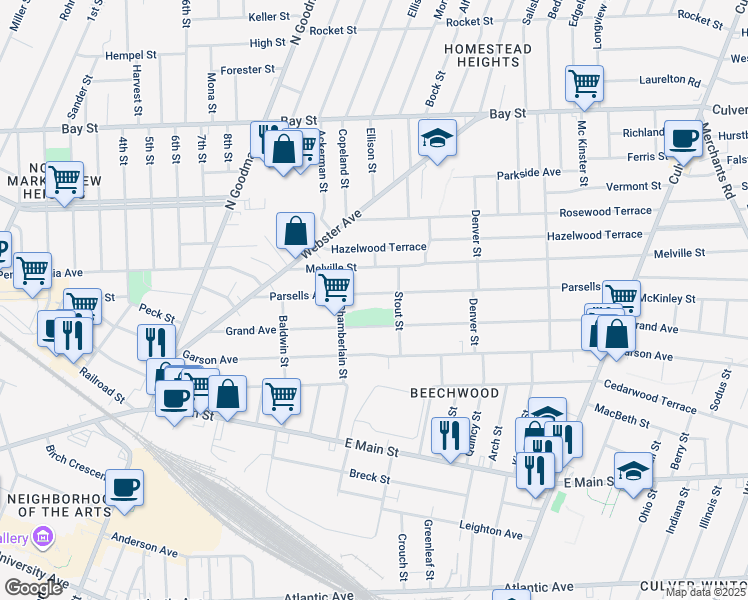 map of restaurants, bars, coffee shops, grocery stores, and more near 185 Parsells Avenue in Rochester