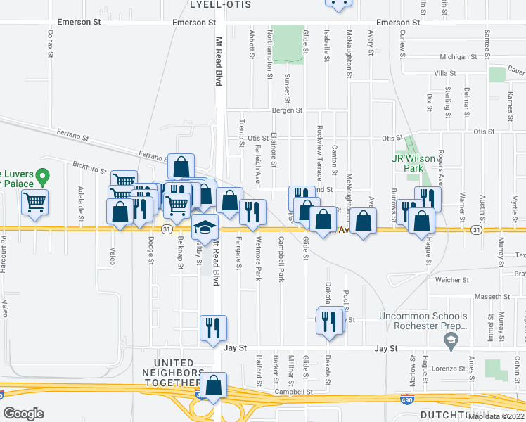 map of restaurants, bars, coffee shops, grocery stores, and more near 286 Wetmore Park in Rochester