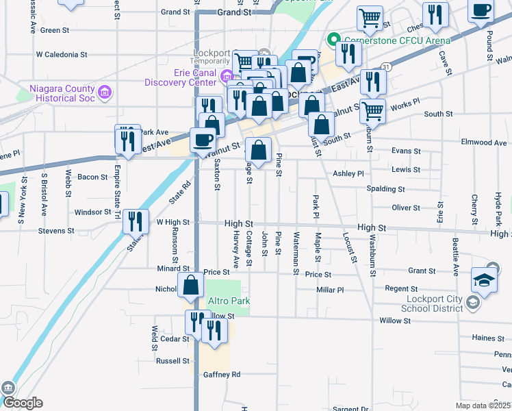 map of restaurants, bars, coffee shops, grocery stores, and more near 149 Cottage St in Lockport