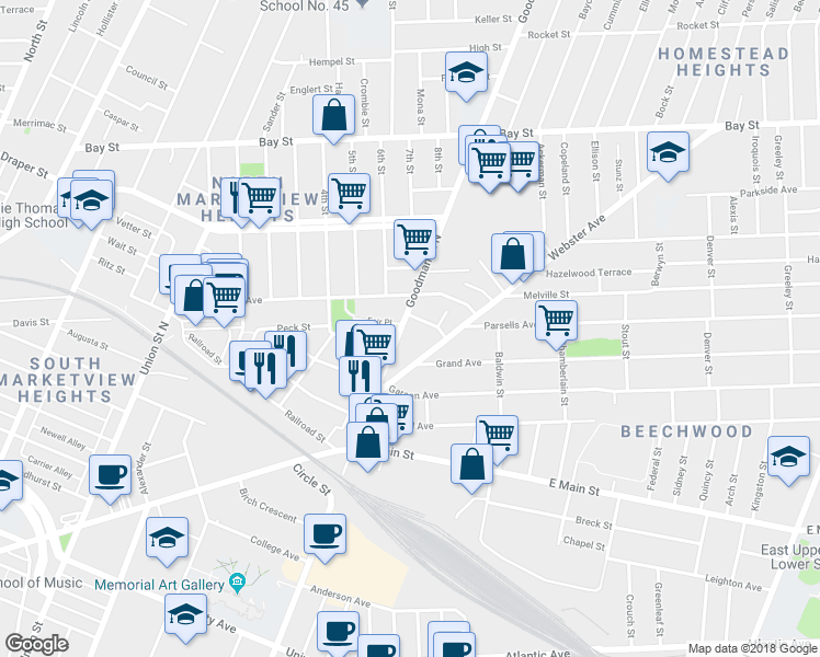 map of restaurants, bars, coffee shops, grocery stores, and more near 628 Goodman Street North in Rochester