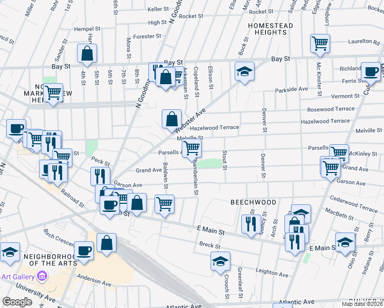 map of restaurants, bars, coffee shops, grocery stores, and more near 131 Parsells Avenue in Rochester