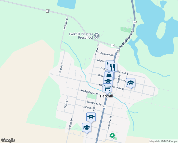 map of restaurants, bars, coffee shops, grocery stores, and more near 267 Station Street in Parkhill