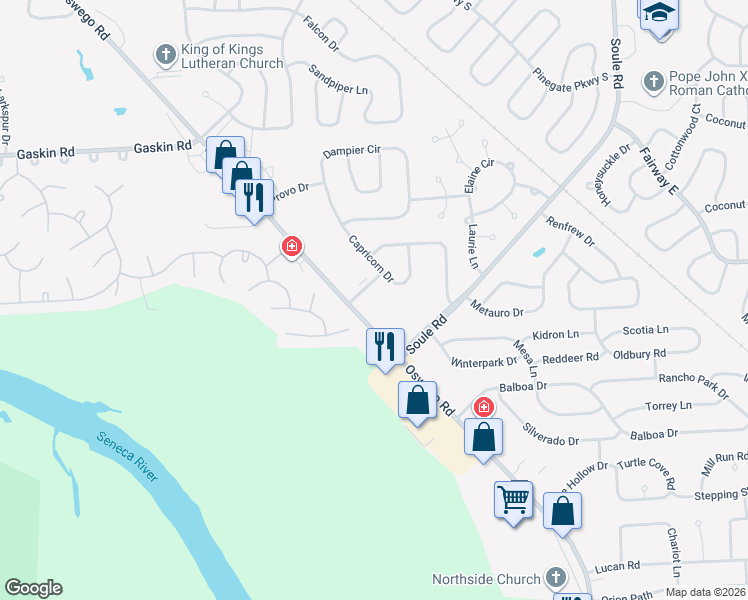 map of restaurants, bars, coffee shops, grocery stores, and more near 8130 Oswego Road in Liverpool