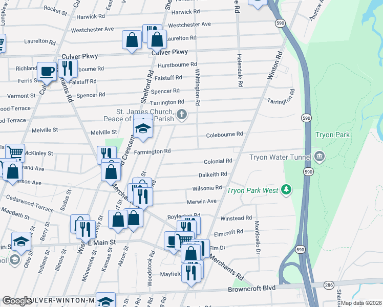 map of restaurants, bars, coffee shops, grocery stores, and more near 245 Farmington Road in Rochester