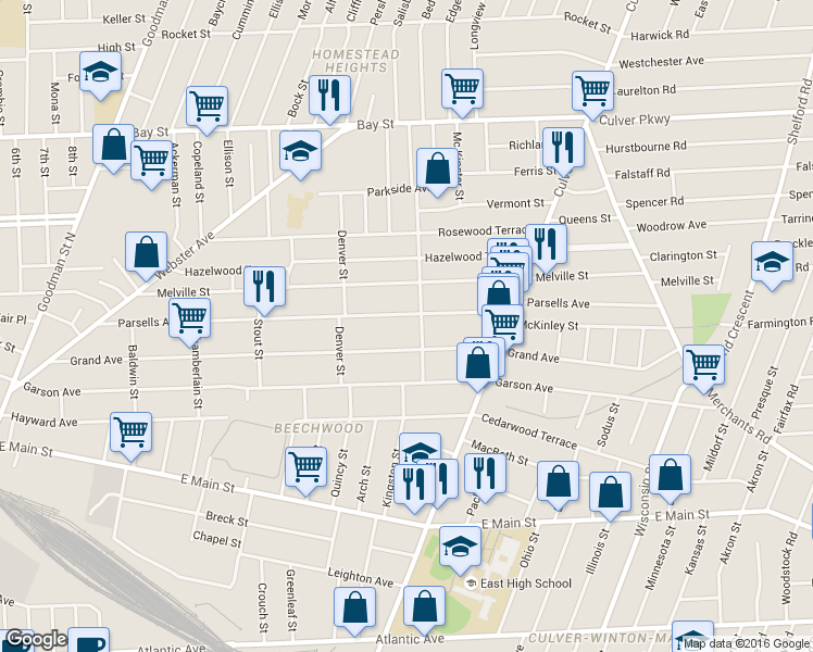 map of restaurants, bars, coffee shops, grocery stores, and more near 437 Parsells Avenue in Rochester