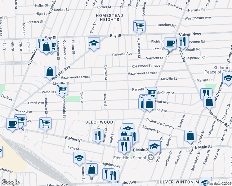 map of restaurants, bars, coffee shops, grocery stores, and more near 393 Parsells Avenue in Rochester
