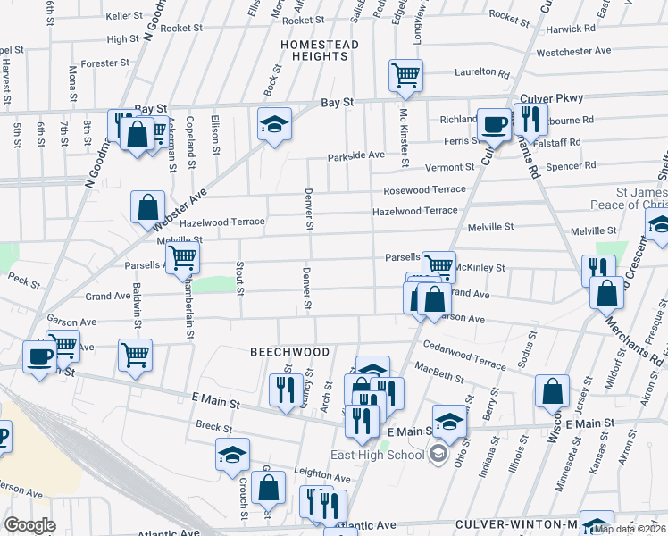 map of restaurants, bars, coffee shops, grocery stores, and more near 393 Parsells Avenue in Rochester