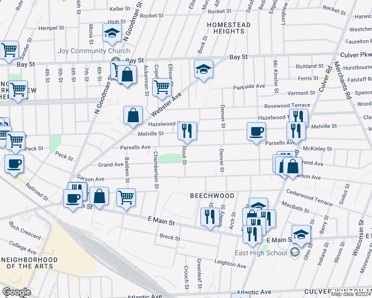 map of restaurants, bars, coffee shops, grocery stores, and more near 237 Parsells Avenue in Rochester