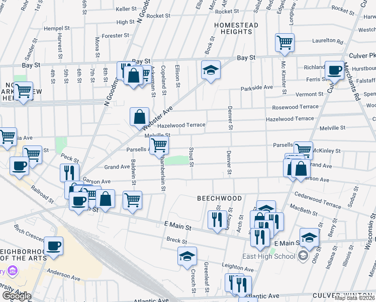 map of restaurants, bars, coffee shops, grocery stores, and more near 237 Parsells Avenue in Rochester