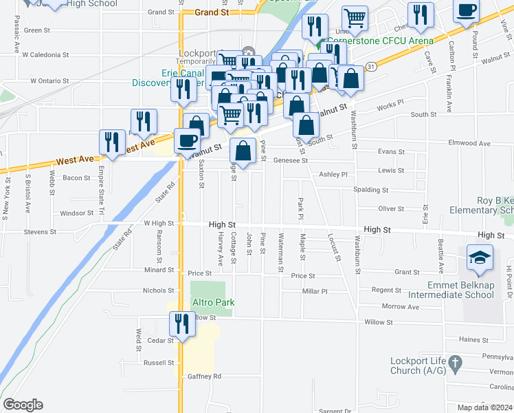 map of restaurants, bars, coffee shops, grocery stores, and more near 178 Pine Street in Lockport