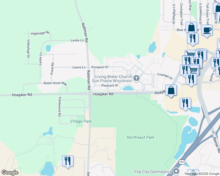 map of restaurants, bars, coffee shops, grocery stores, and more near 3177 Pleasant Street in Sun Prairie
