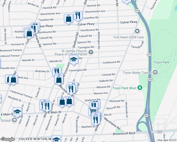 map of restaurants, bars, coffee shops, grocery stores, and more near 195 Farmington Road in Rochester