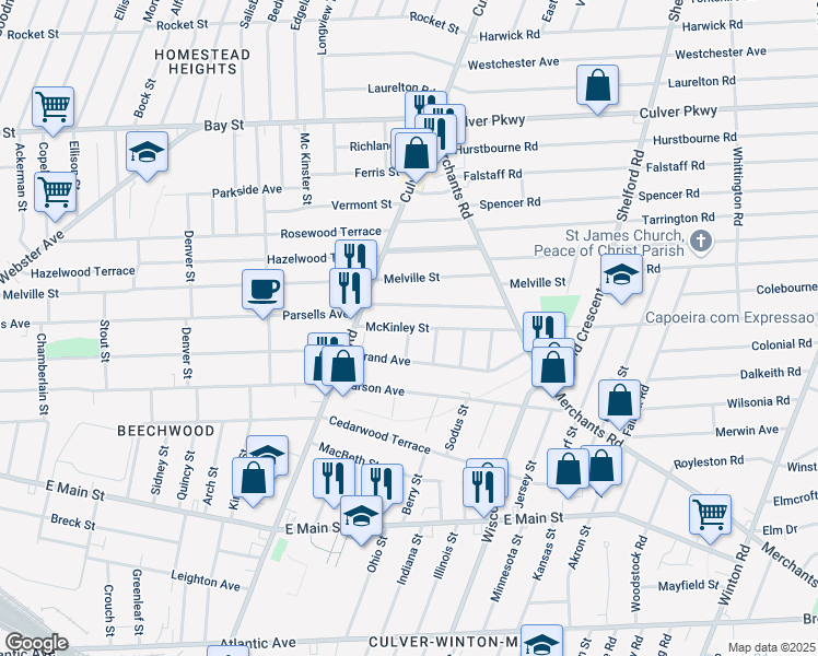 map of restaurants, bars, coffee shops, grocery stores, and more near McKinley Street & Duke Street in Rochester