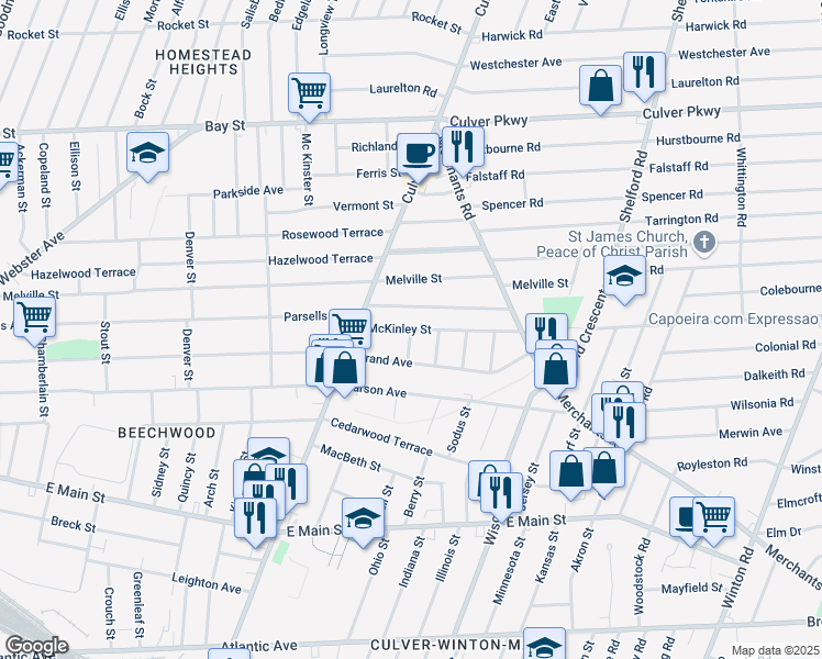 map of restaurants, bars, coffee shops, grocery stores, and more near 42 McKinley St in Rochester