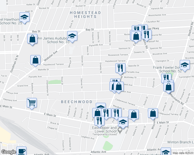 map of restaurants, bars, coffee shops, grocery stores, and more near 417 Parsells Avenue in Rochester