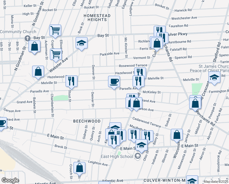 map of restaurants, bars, coffee shops, grocery stores, and more near 437 Parsells Avenue in Rochester