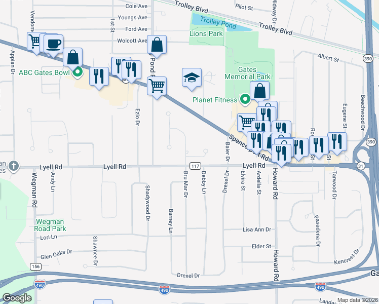 map of restaurants, bars, coffee shops, grocery stores, and more near 3 Foxshire Ln in Rochester