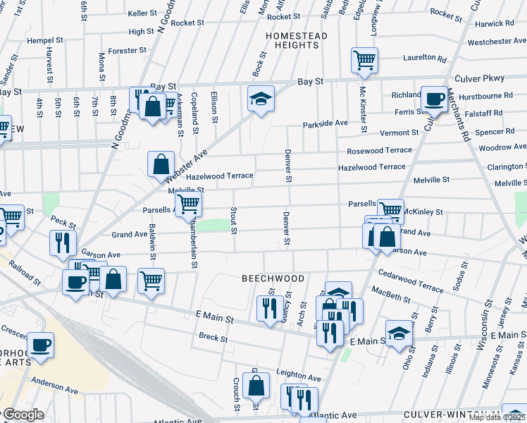 map of restaurants, bars, coffee shops, grocery stores, and more near 285 Parsells Avenue in Rochester