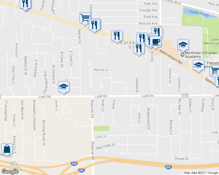 map of restaurants, bars, coffee shops, grocery stores, and more near 119 Rahway Road in Rochester