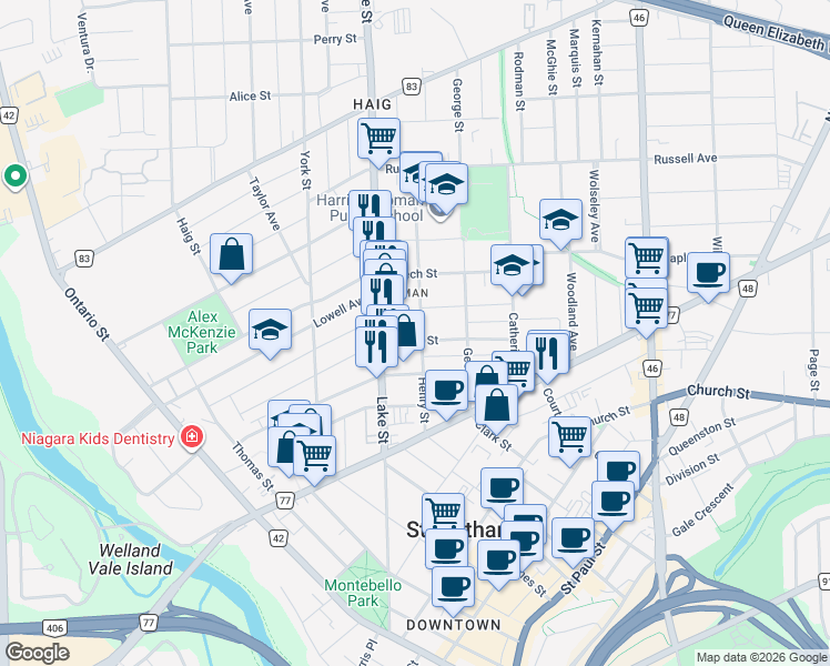 map of restaurants, bars, coffee shops, grocery stores, and more near 39 Henry Street in St. Catharines