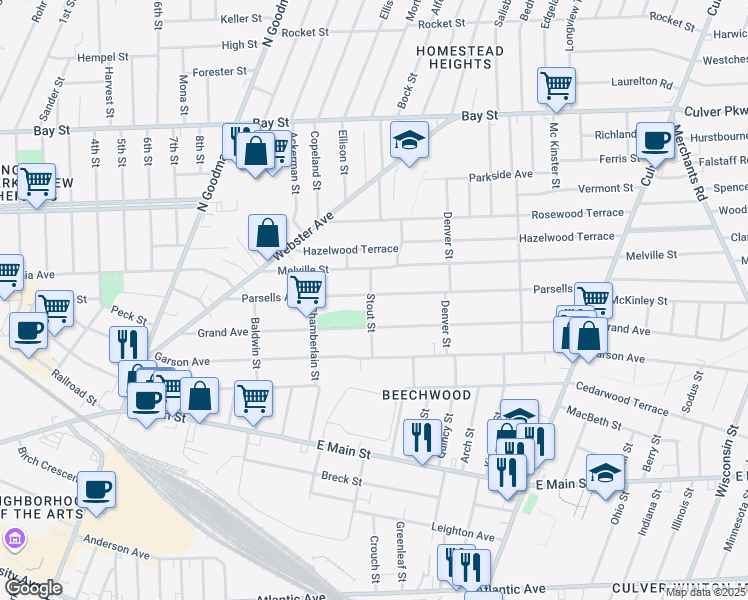 map of restaurants, bars, coffee shops, grocery stores, and more near 237 Parsells Avenue in Rochester