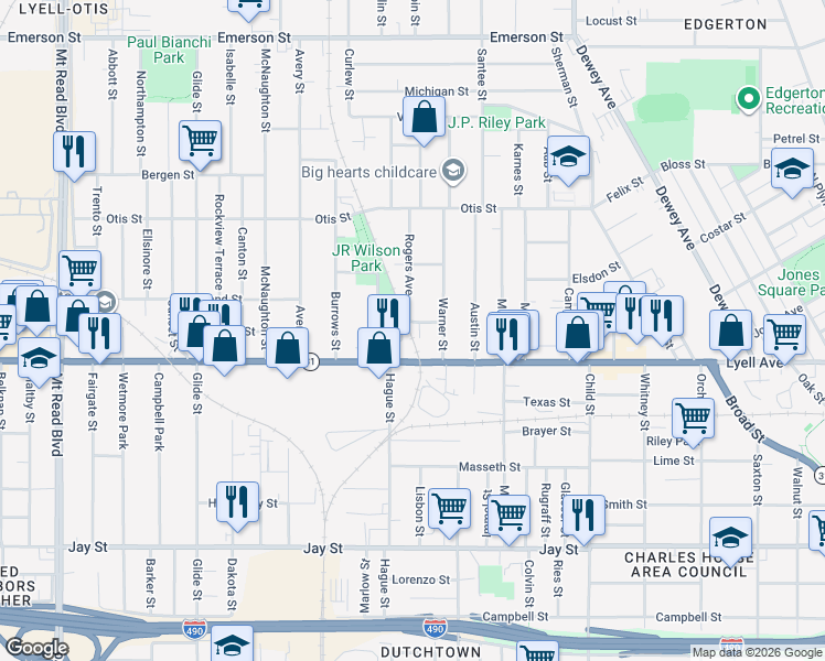 map of restaurants, bars, coffee shops, grocery stores, and more near 39 Lois Street in Rochester