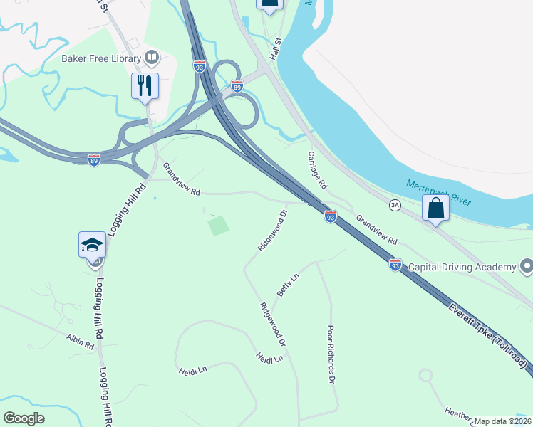 map of restaurants, bars, coffee shops, grocery stores, and more near 20 Grandview Road in Bow