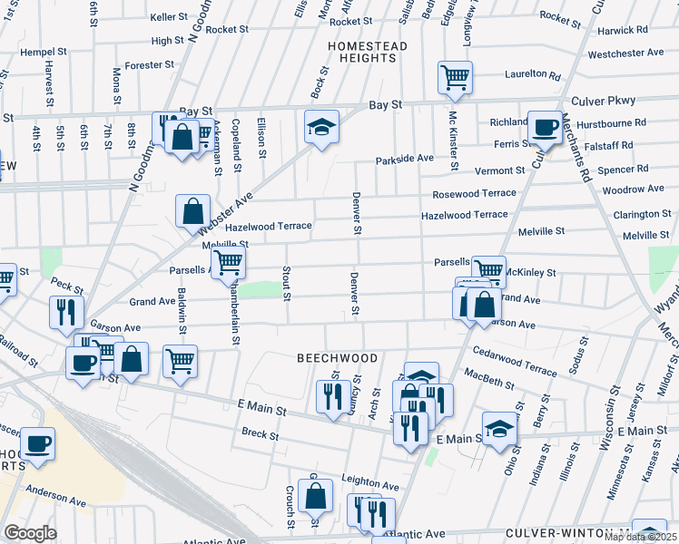 map of restaurants, bars, coffee shops, grocery stores, and more near 307 Parsells Avenue in Rochester