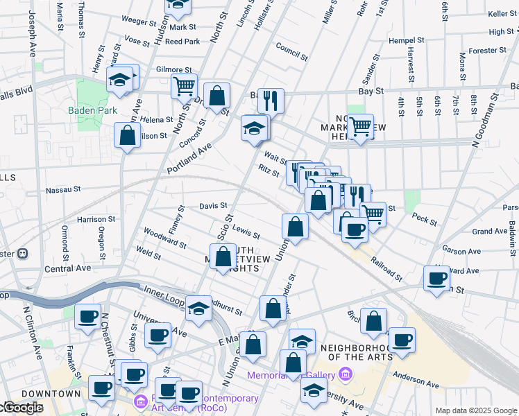 map of restaurants, bars, coffee shops, grocery stores, and more near 249 Davis Street in Rochester