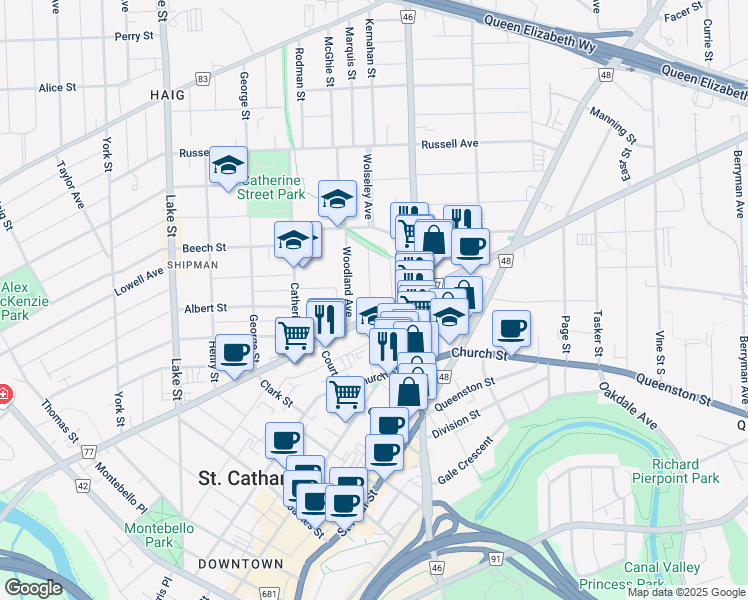 map of restaurants, bars, coffee shops, grocery stores, and more near 2 Water Street in Saint Catharines
