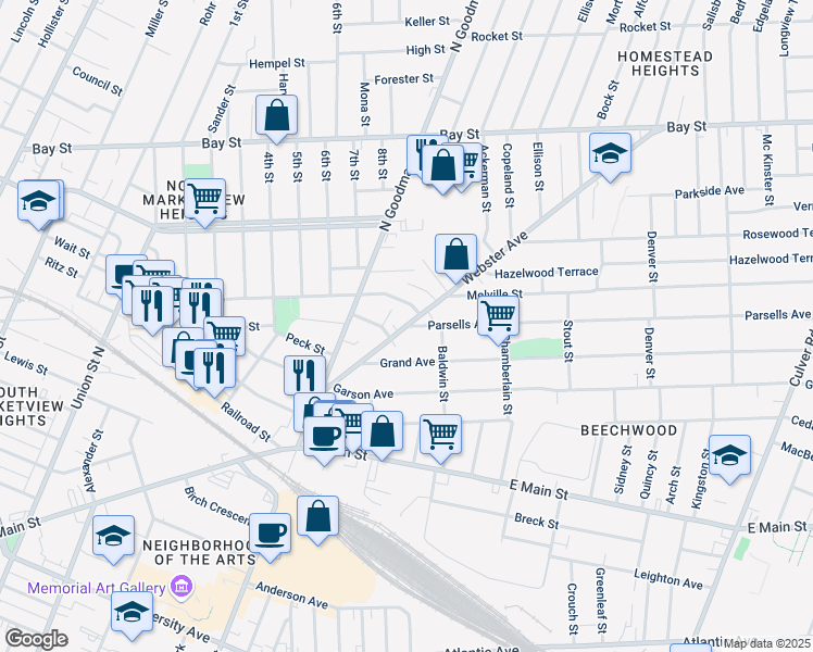 map of restaurants, bars, coffee shops, grocery stores, and more near Webster Avenue & Parsells Avenue in Rochester