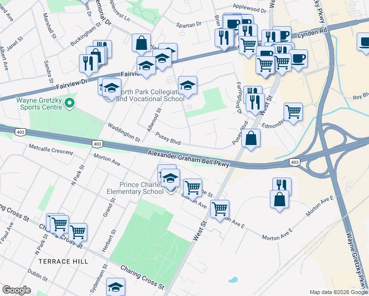 map of restaurants, bars, coffee shops, grocery stores, and more near 96 Pusey Boulevard in Brantford