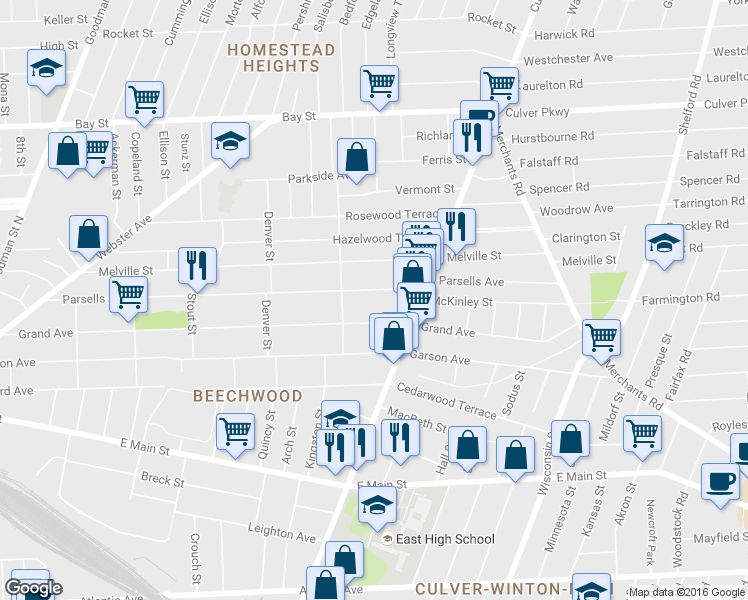 map of restaurants, bars, coffee shops, grocery stores, and more near 493 Parsells Avenue in Rochester