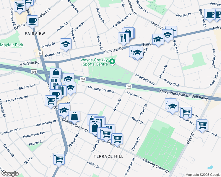 map of restaurants, bars, coffee shops, grocery stores, and more near 51 Metcalfe Crescent in Brantford