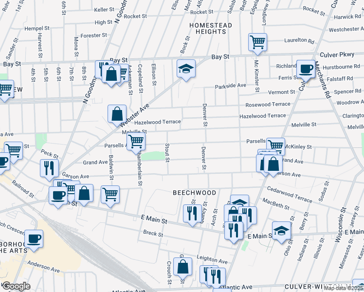 map of restaurants, bars, coffee shops, grocery stores, and more near 267 Parsells Avenue in Rochester