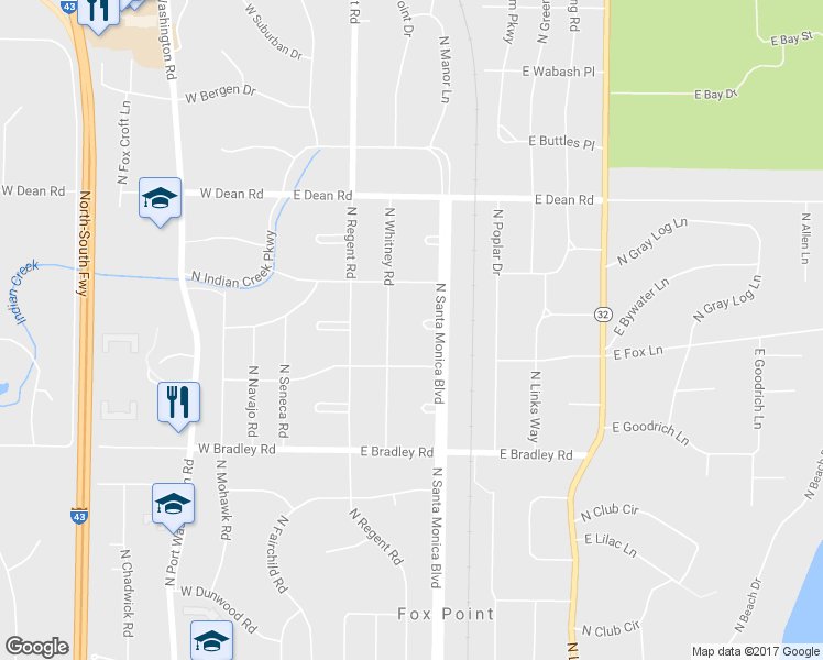 map of restaurants, bars, coffee shops, grocery stores, and more near 8133 North Santa Monica Boulevard in Fox Point