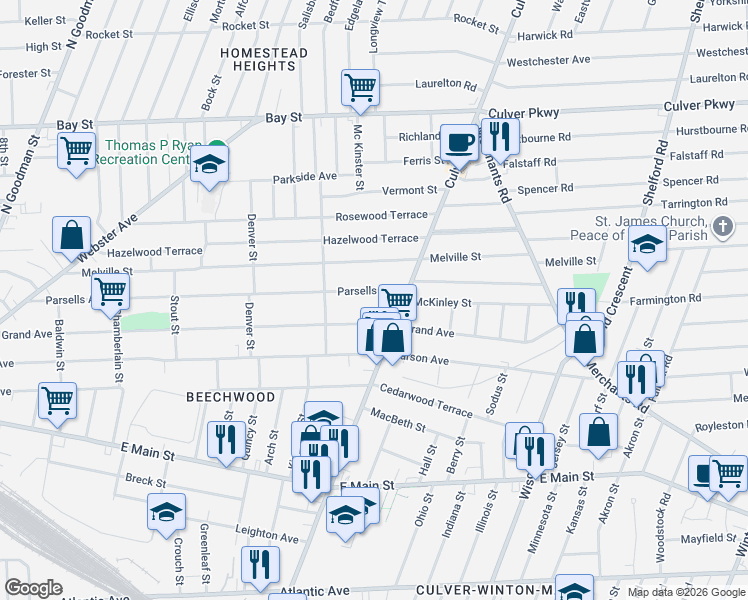 map of restaurants, bars, coffee shops, grocery stores, and more near 493 Parsells Avenue in Rochester