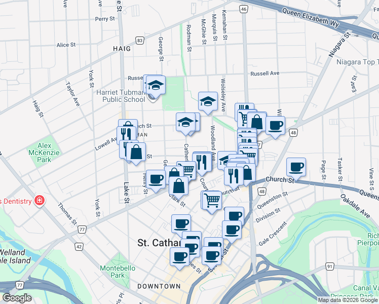 map of restaurants, bars, coffee shops, grocery stores, and more near 22 Catherine Street in Saint Catharines
