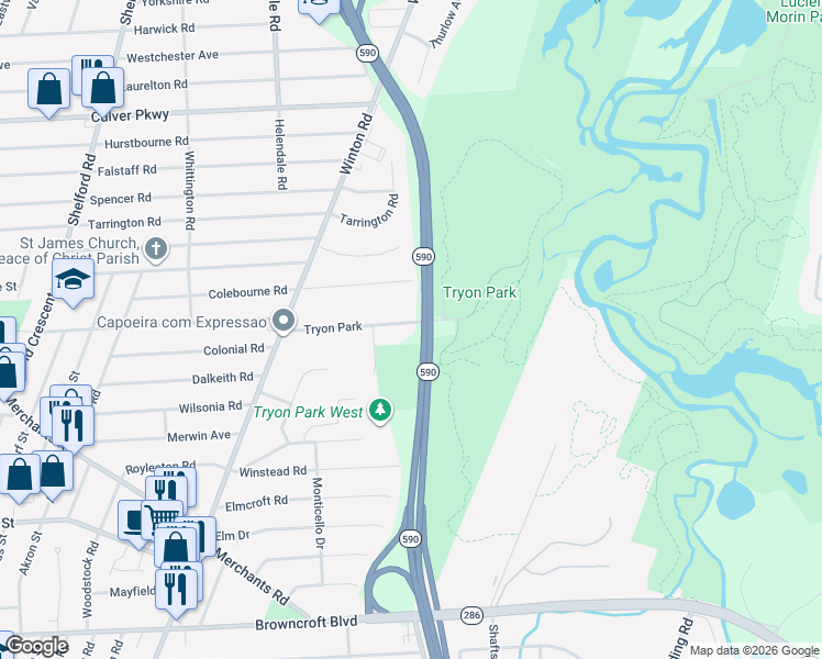 map of restaurants, bars, coffee shops, grocery stores, and more near 177 Tryon Park in Rochester