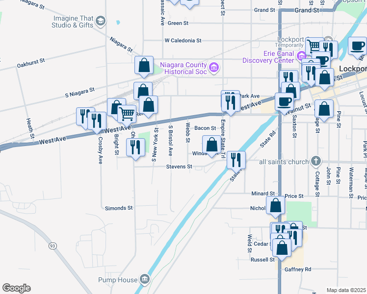 map of restaurants, bars, coffee shops, grocery stores, and more near 65 Webb Street in Lockport