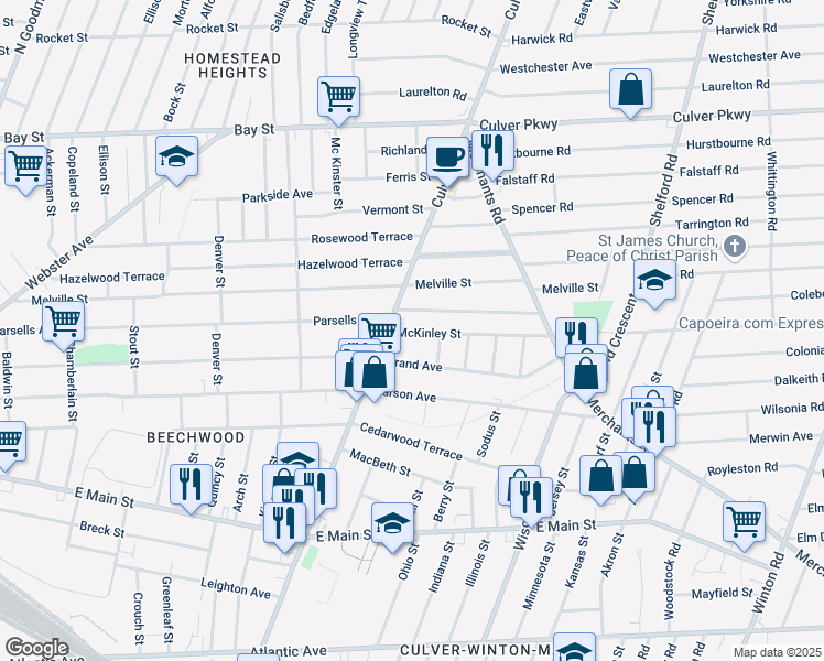 map of restaurants, bars, coffee shops, grocery stores, and more near 42 McKinley Street in Rochester