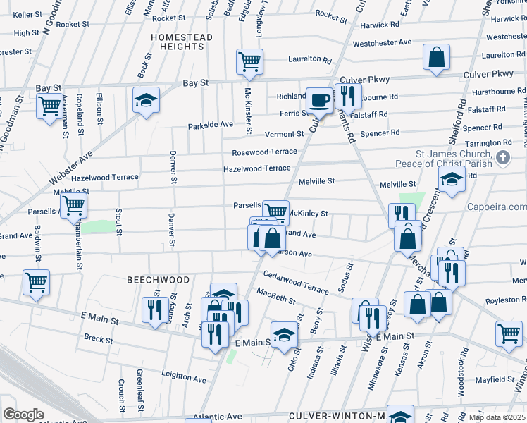 map of restaurants, bars, coffee shops, grocery stores, and more near 1103 Culver Road in Rochester
