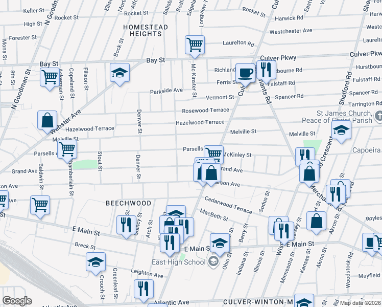 map of restaurants, bars, coffee shops, grocery stores, and more near 493 Parsells Avenue in Rochester