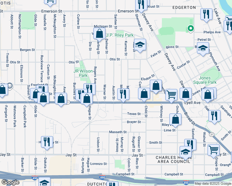 map of restaurants, bars, coffee shops, grocery stores, and more near 8 Austin Street in Rochester