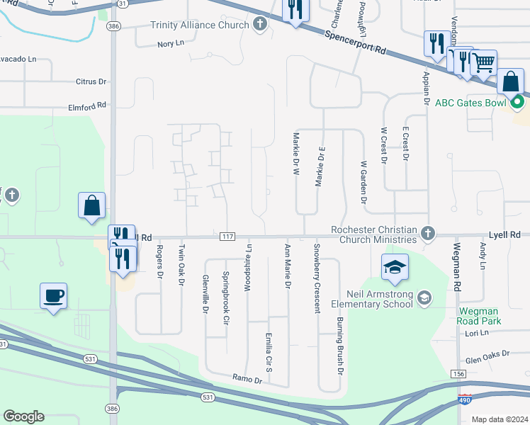 map of restaurants, bars, coffee shops, grocery stores, and more near 8 Hickory Manor Drive in Gates-North Gates