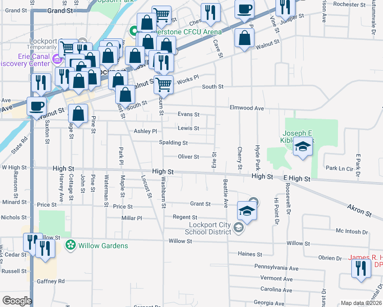 map of restaurants, bars, coffee shops, grocery stores, and more near 42 Oliver Street in Lockport